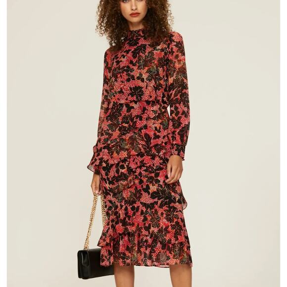 Saloni Floral Chiffon Midi Dress SIZE 4 Silk Ruffle Mockneck Work Designer $700